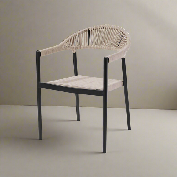 كرسي مطاعم وكافيهات من الحديد المشدود بأحبال رمادية مع قماش ووتر بروف مقاوم للعوامل الجوية