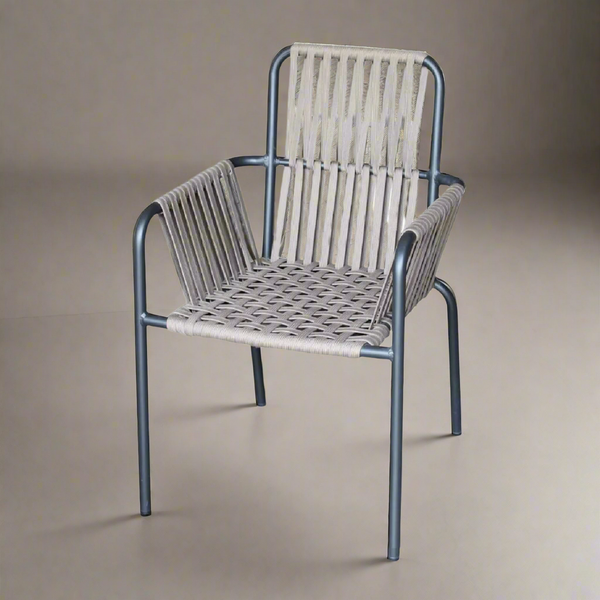 كرسي مطاعم وكافيهات من الحديد المشدود بأحبال رمادية مع قماش ووتر بروف مقاوم للعوامل الجوية – موديل OS-030