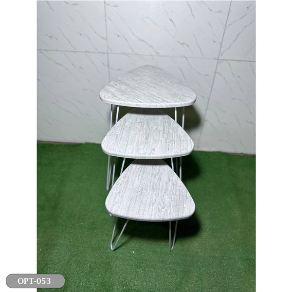 A set of 3-piece triangle tables made of pressed PVC wood and steel legs - OPT-053