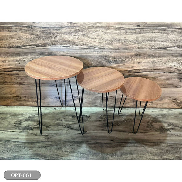 A set of 3-piece circular tables made of pressed PVC wood and steel legs - OPT-061