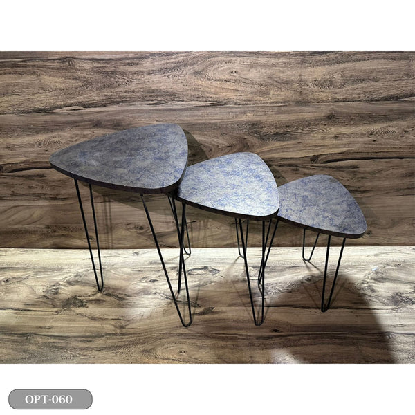 A set of 3-piece triangle tables made of pressed PVC wood and steel legs - OPT-060