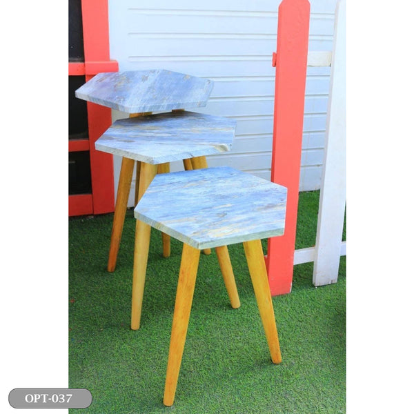 A set of 3-piece hexagonal tables in pressed PVC wood - OPT-037