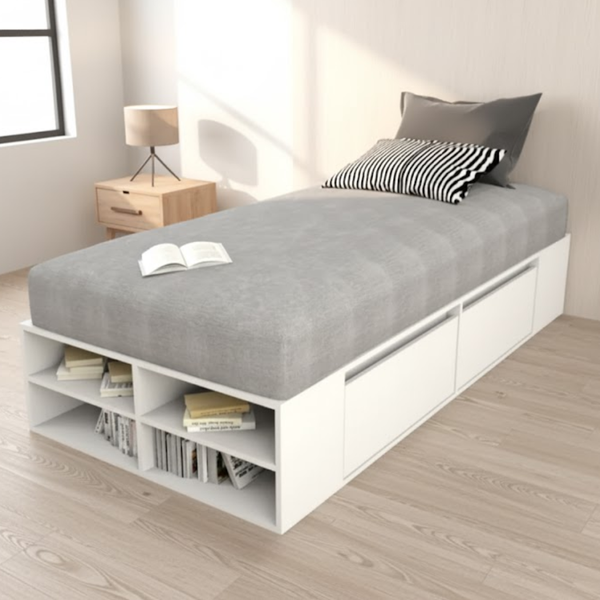 High-quality MDF wood bed – white color – equipped with 4 drawers and 2 shelves – includes mattress – model WAF-174