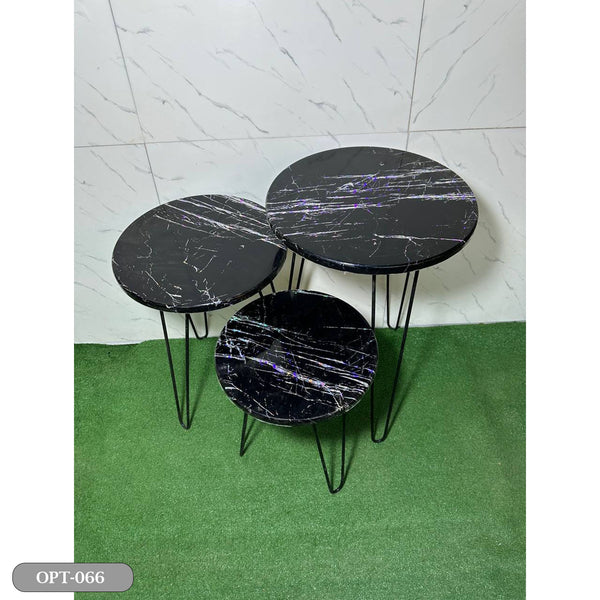 A set of 3-piece circular tables made of pressed PVC wood and steel legs - OPT-066