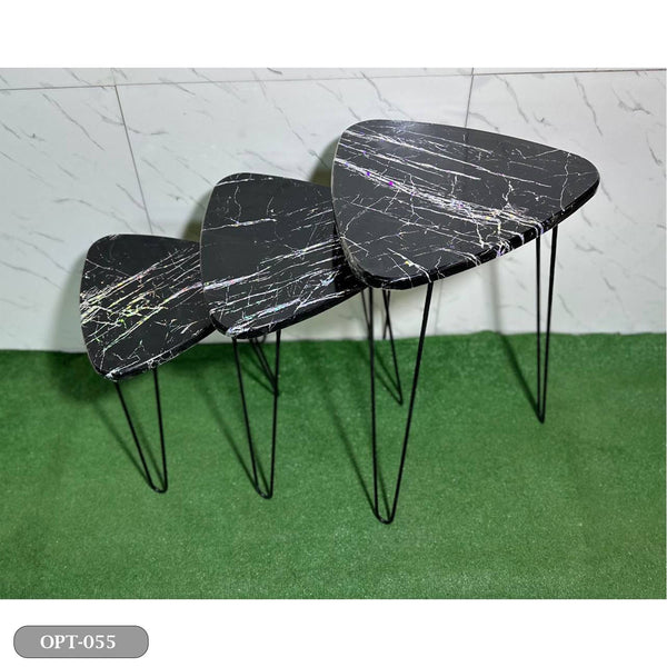 A set of 3-piece triangle tables made of pressed PVC wood and steel legs - OPT-055