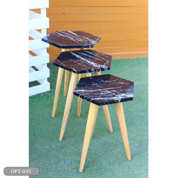 A set of 3-piece hexagonal tables in pressed PVC wood - OPT-035