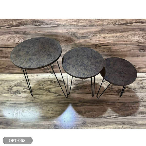 A set of 3-piece circular tables made of pressed PVC wood and steel legs - OPT-068