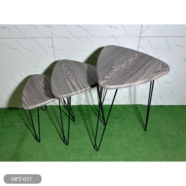 A set of 3-piece triangle tables made of pressed PVC wood and steel legs - OPT-057