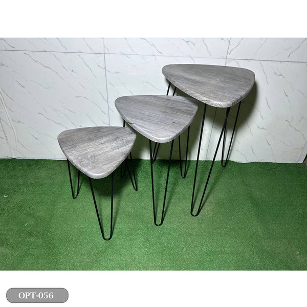 A set of 3-piece triangle tables made of pressed PVC wood and steel legs - OPT-056