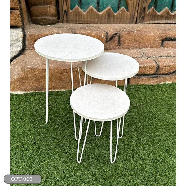 A set of 3-piece circular tables made of pressed PVC wood and steel legs - OPT-069