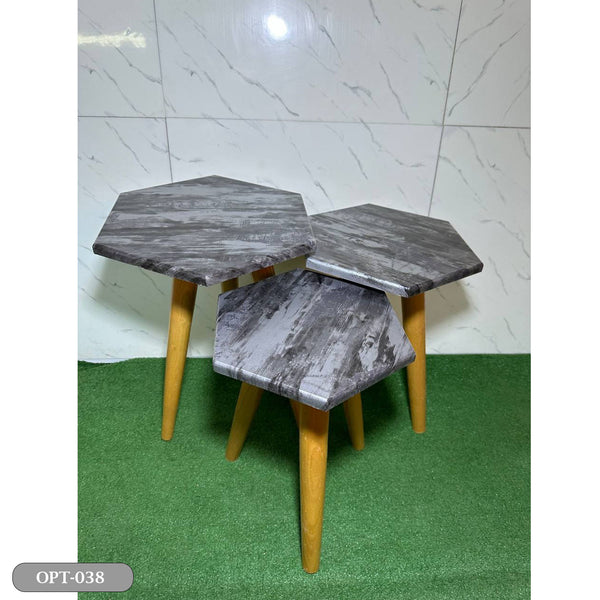 Table set of 3 pieces, hexagonal, pressed PVC wood - OPT-038