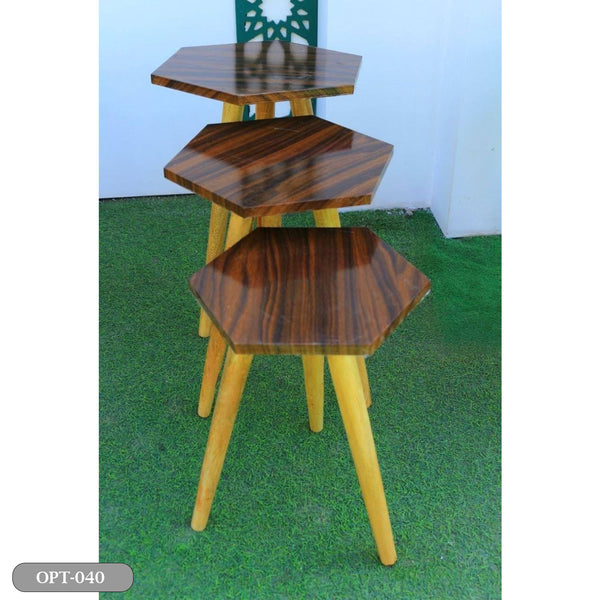 A set of 3-piece hexagonal tables in pressed PVC wood - OPT-040