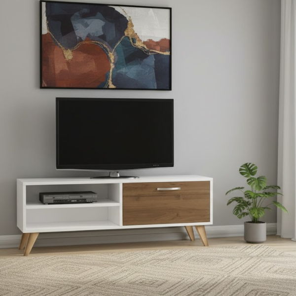 Modern TV Table KBA-016 made of MDF Wood – Elegant Design with 120 cm Size and Storage Drawer