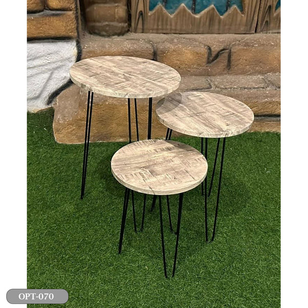 A set of 3-piece circular tables made of pressed PVC wood and steel legs - OPT-070