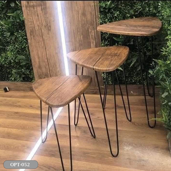 A set of 3-piece triangle tables made of pressed PVC wood and steel legs - OPT-052