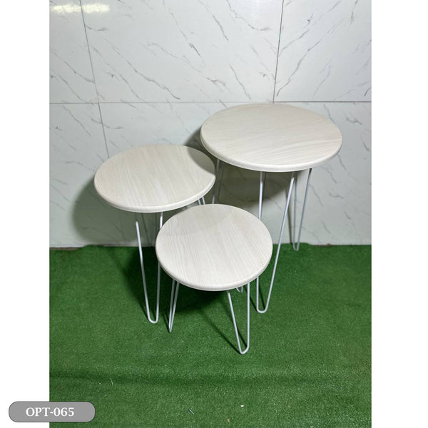 A set of 3-piece circular tables made of pressed PVC wood and steel legs - OPT-065