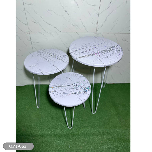 A set of 3-piece circular tables made of pressed PVC wood and steel legs - OPT-063