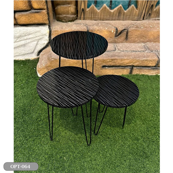 A set of 3-piece circular tables made of pressed PVC wood and steel legs - OPT-064