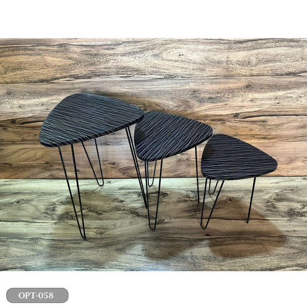 A set of 3-piece triangle tables made of pressed PVC wood and steel legs - OPT-058