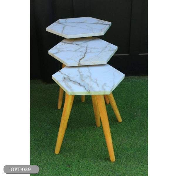 A set of 3-piece hexagonal tables in pressed PVC wood - OPT-039