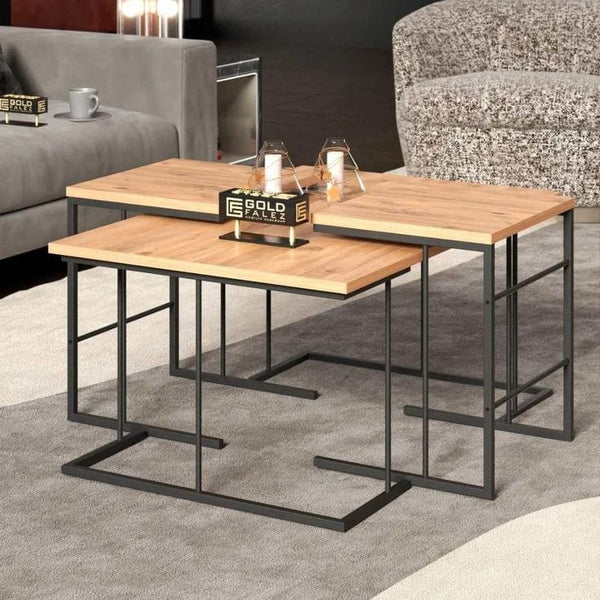 طقم 3 ترابيزات قهوة معدنية بسطح خشبي – تصميم مودرن عملي