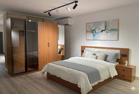 Complete Modern Bedroom Set Melamine Counter Wood – Bed + Wardrobe + 2 Nightstands + Dresser – Model ABG-002-A