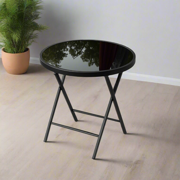 ترابيزة معدن دائرية قابلة للطي – أسود | سطح زجاج فاميه أنيق