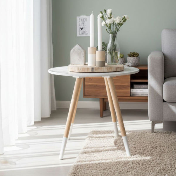 MDF wood side table with musky legs with duko paint + oyster – model CHW-067