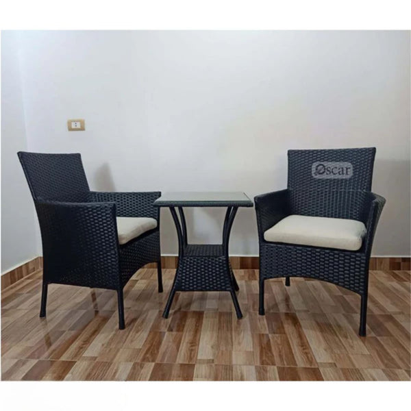 Rattan studio set, 2 chairs and a table, black