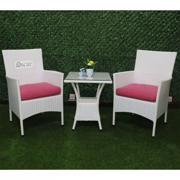 Rattan studio set, 2 chairs and a white table