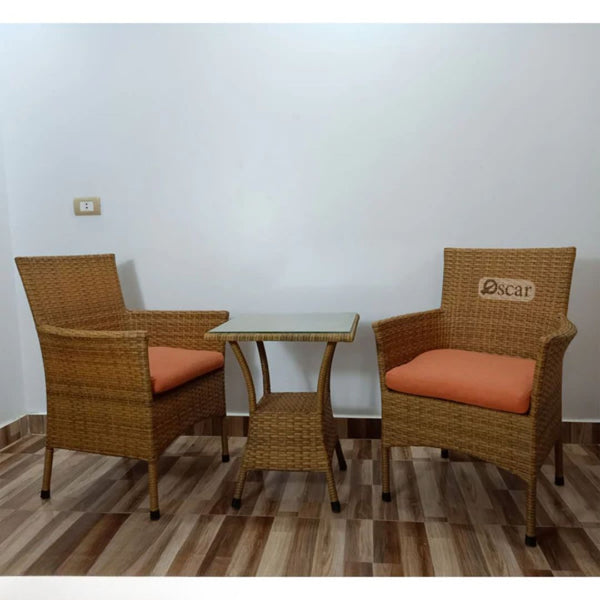 Rattan studio set, 2 chairs and a wooden table